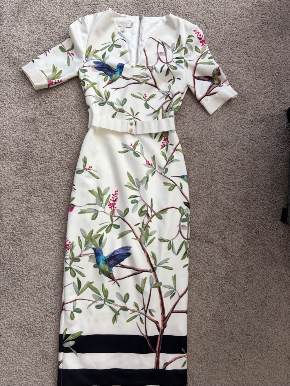 Ted Baker Cream Midi Dress with Botanical & Blue Bird Print